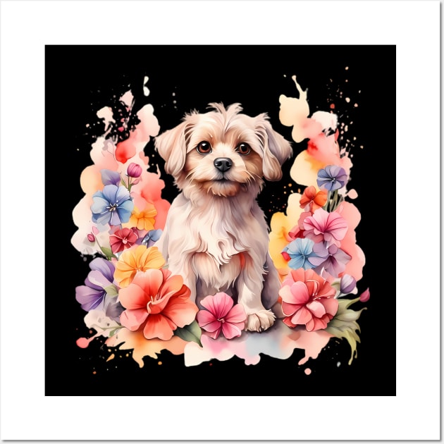 A maltese dog decorated with beautiful watercolor flowers Wall Art by CreativeSparkzz